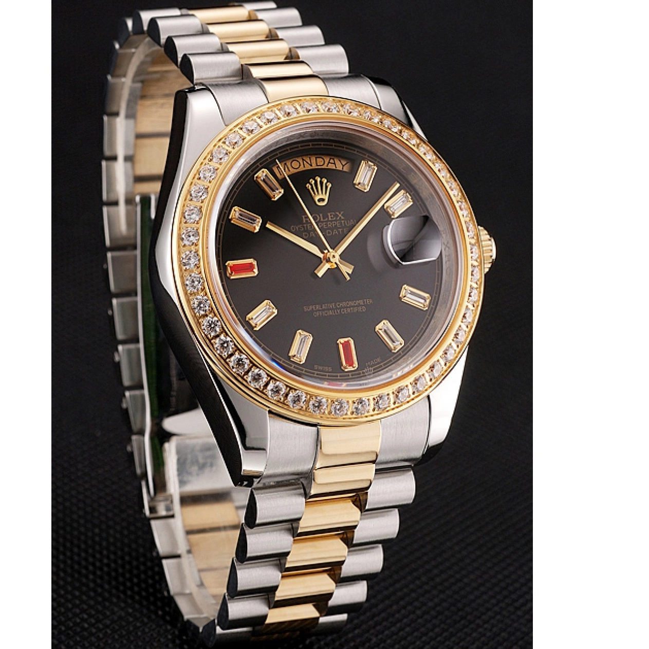 Best AAA Replica Sites Tone Day-Date Rubies Diamonds Dial Swiss Black Two Rolex 1454105 And Bracelet 0816